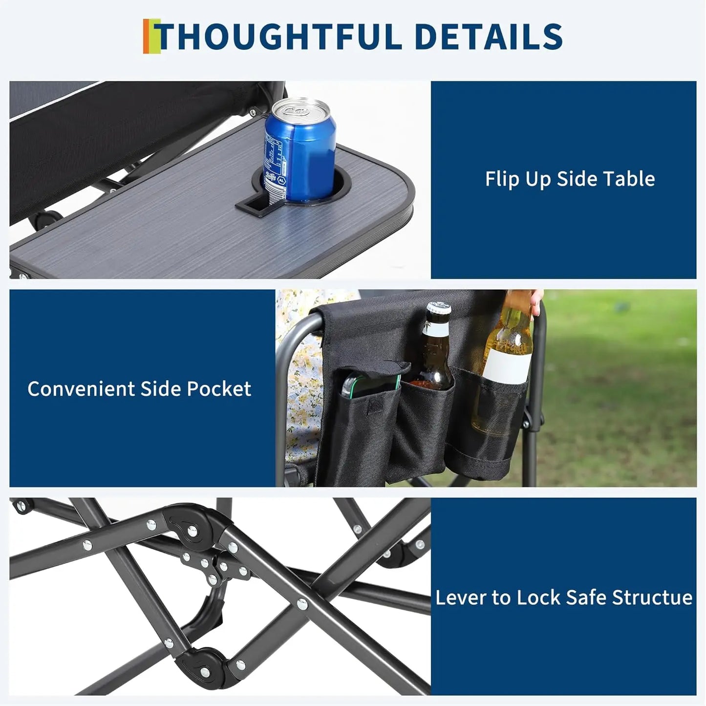 Folding Camping Chair with Side Table Pocket and Beverage Holder for Outdoors