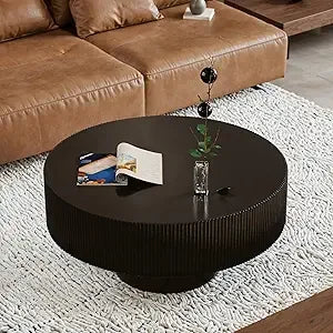 Round Fluted Coffee Table Modern Handcrafted Drum Table Low Profile