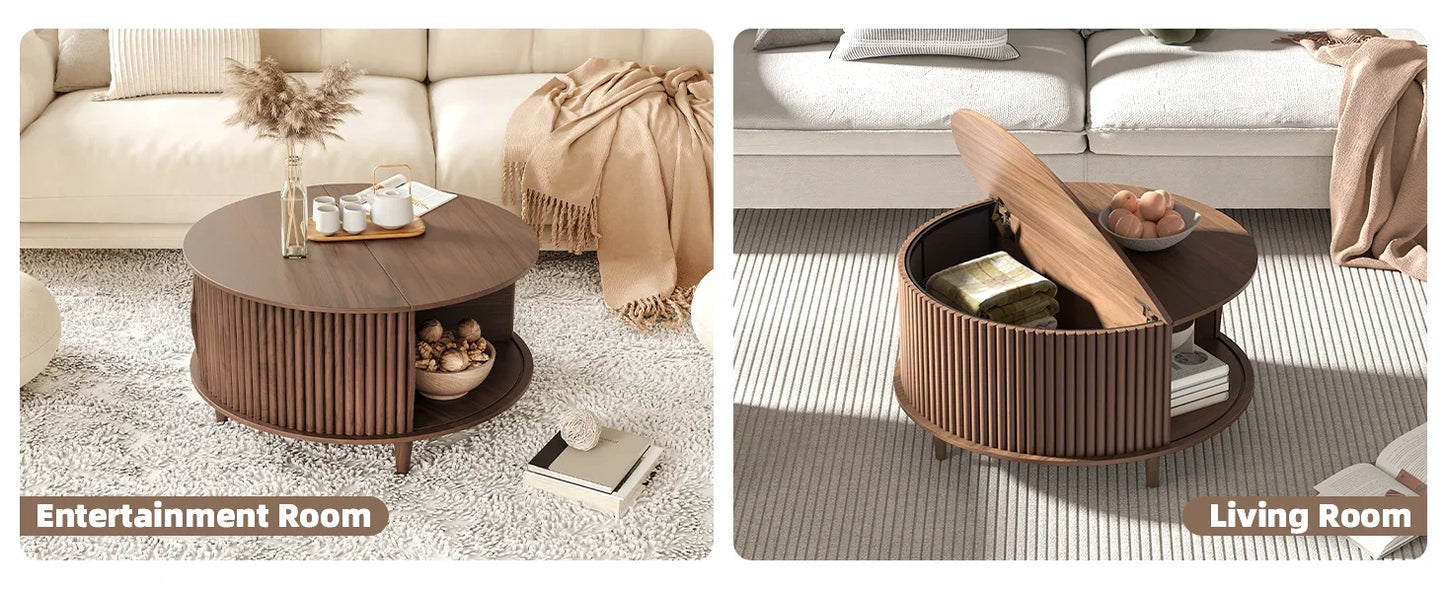 Round Coffee Table with Storage Mid Century Modern Sliding Door Table