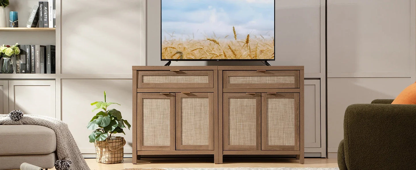 Buffet Storage Cabinet 2-piece Set Bohemian Rattan Sideboard Console