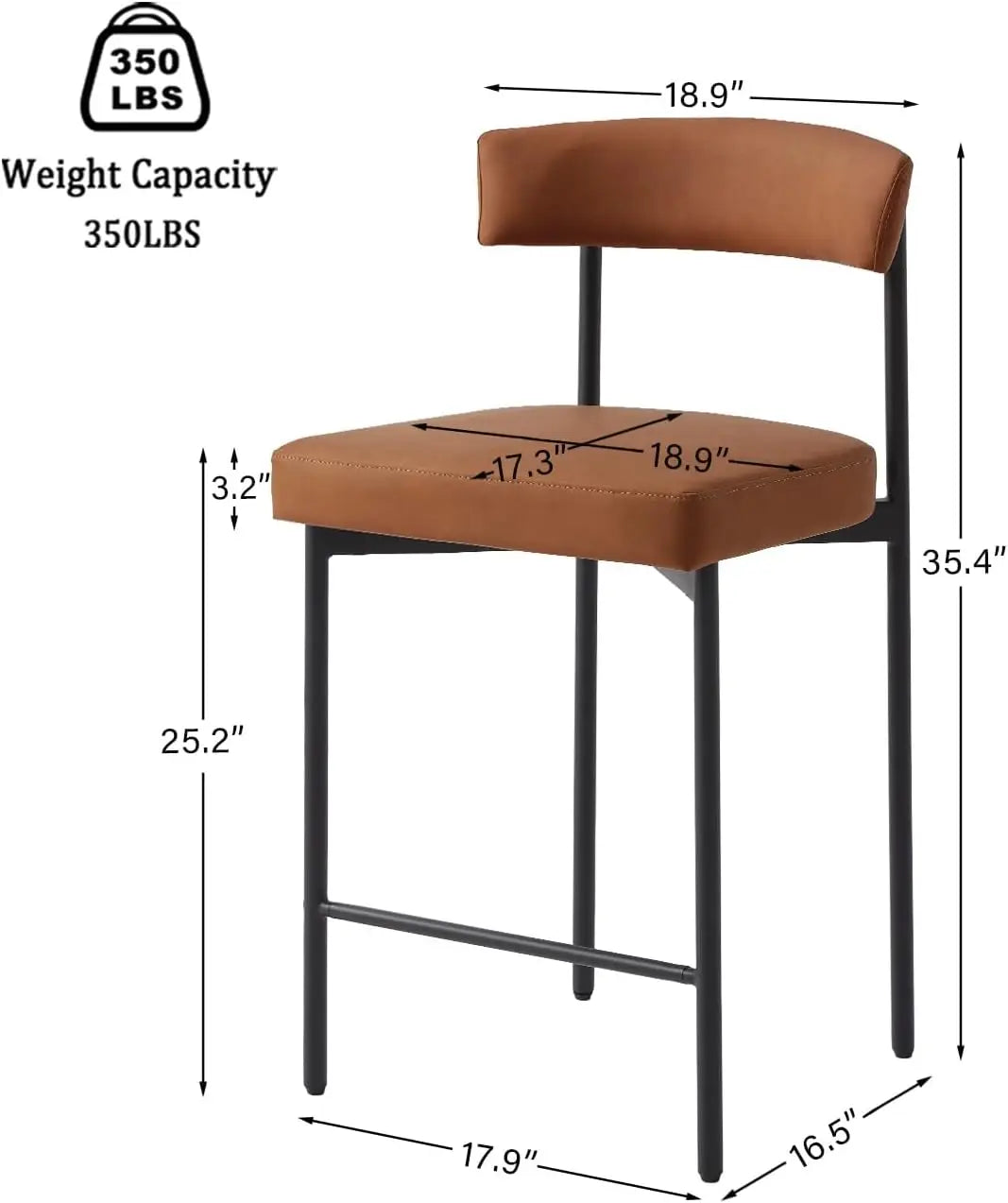 Brown Modern Bar Stools Set of 2 Faux Leather Curved Backrest Kitchen