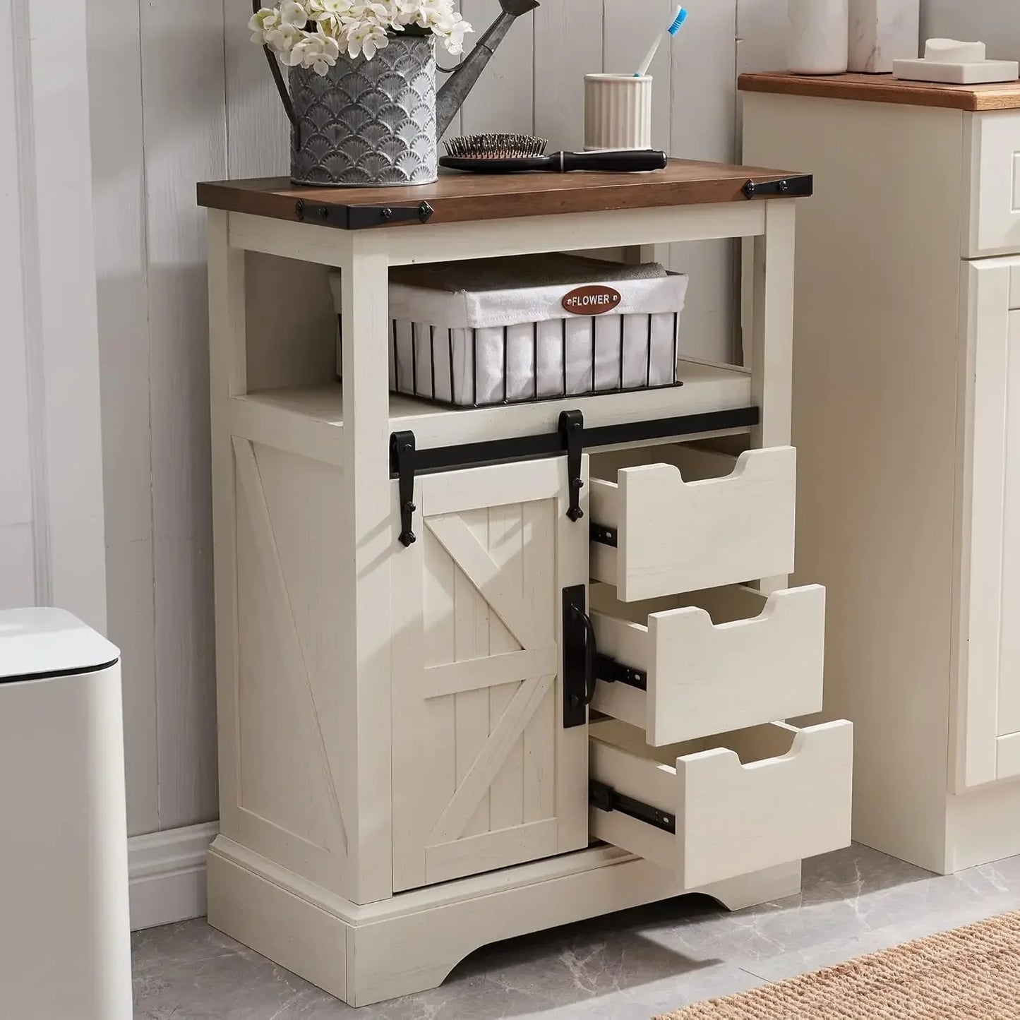 Bathroom Floor Cabinet Farmhouse Storage Cabinet with Sliding Door Drawers