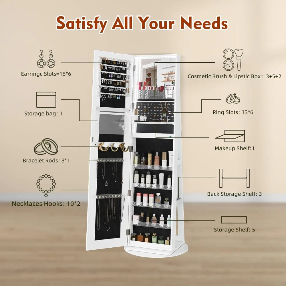 LED Mirror Jewelry Cabinet Full-Length Swivel Armoire with Lights