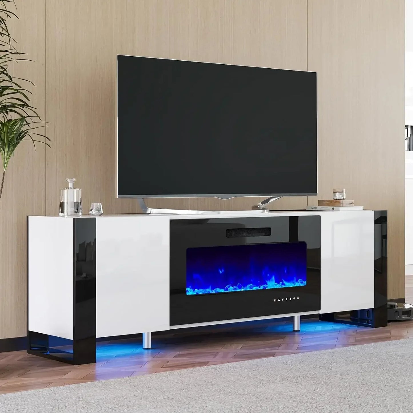 Fireplace TV Stand 70" Modern Entertainment Center with LED Lights