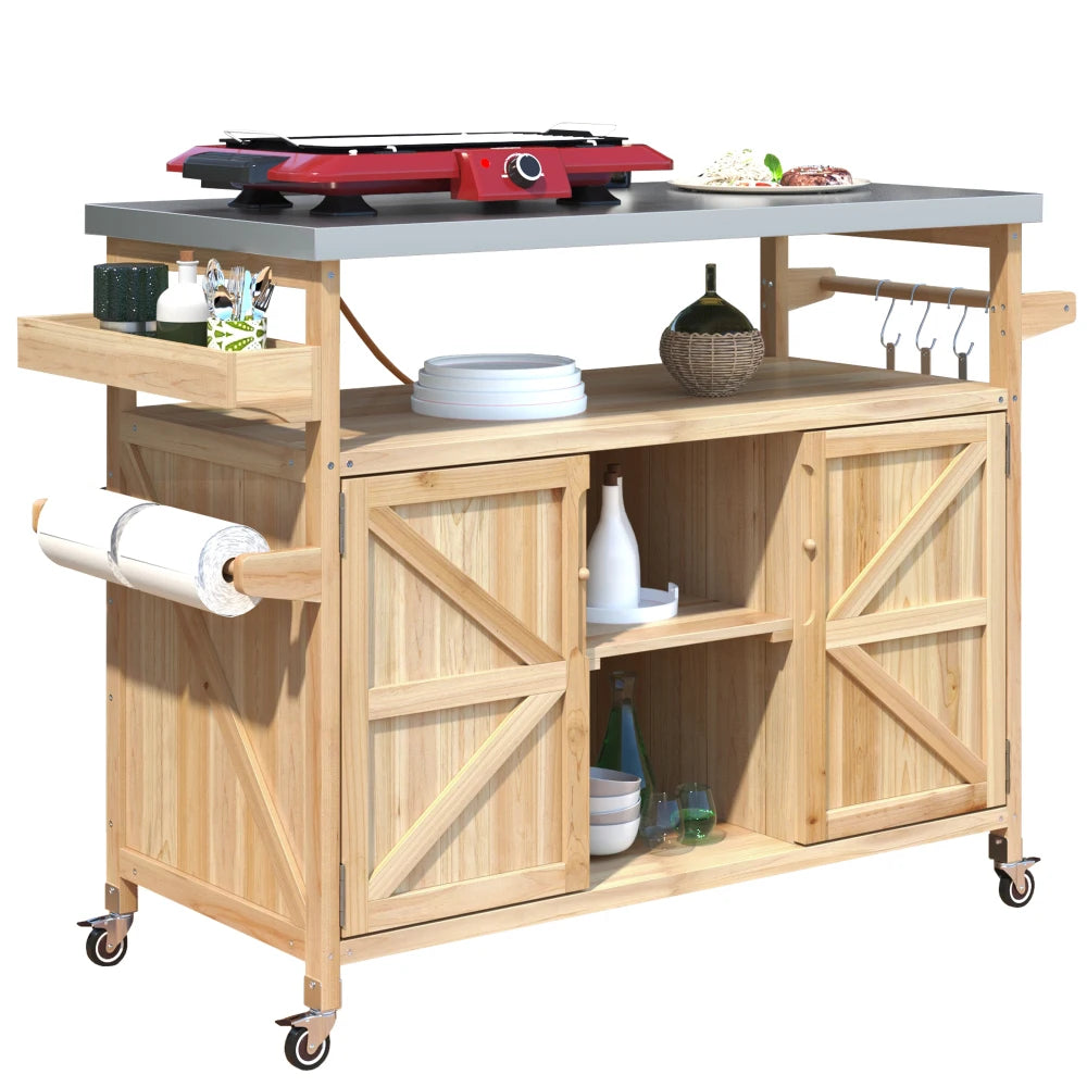 Outdoor Kitchen Island Rolling Bar Cart Storage Cabinet Grill Table