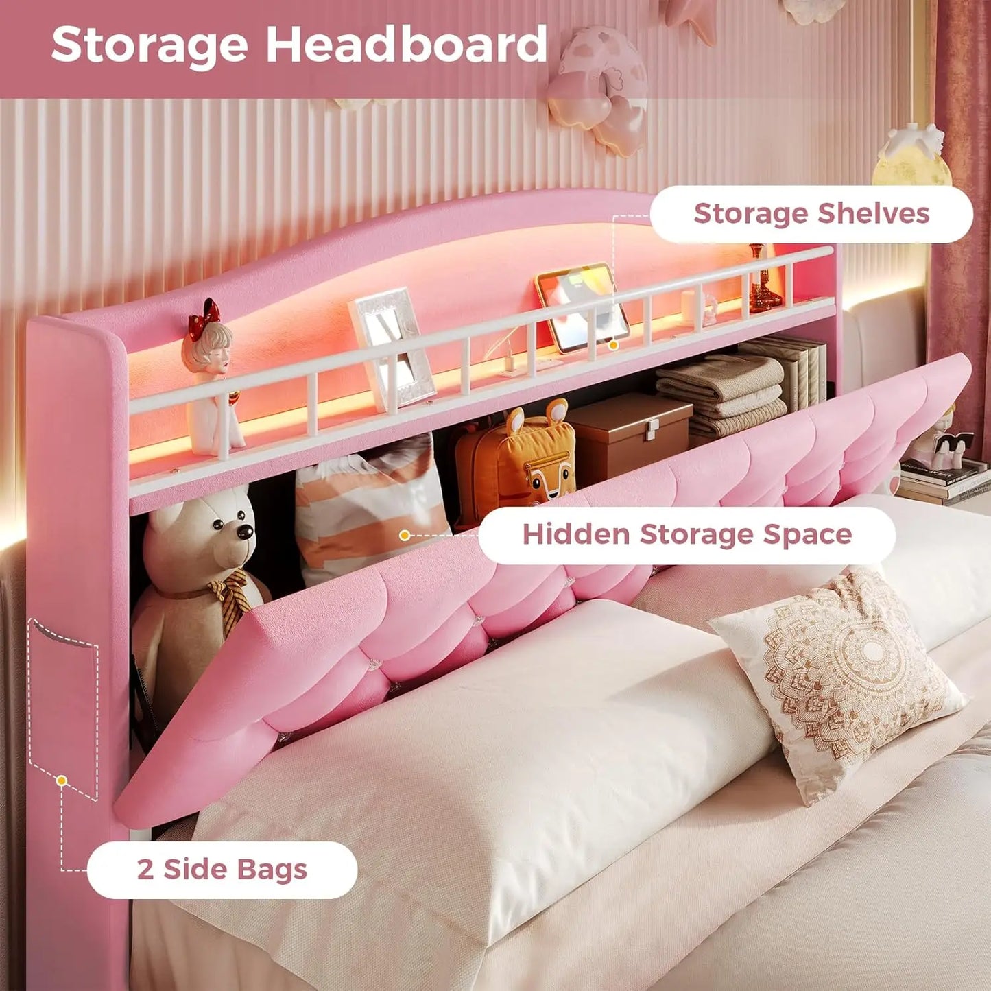 Queen Size Girls Bed with LED Lights and Charging Station Storage