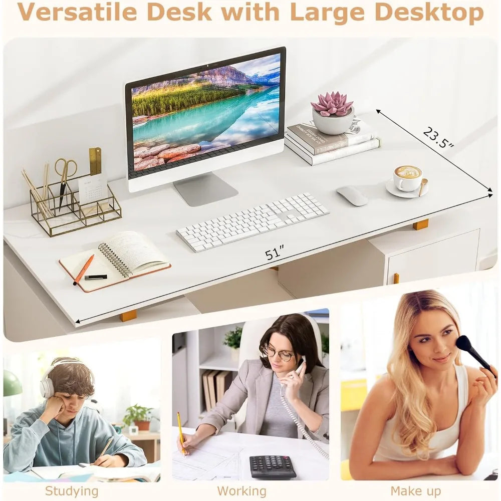 Modern Home Office Desk with Storage Drawers Floating Top Golden Frame