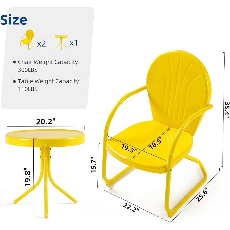 Retro Metal Patio Bistro Set 3 Pieces C-Spring Chairs Side Table