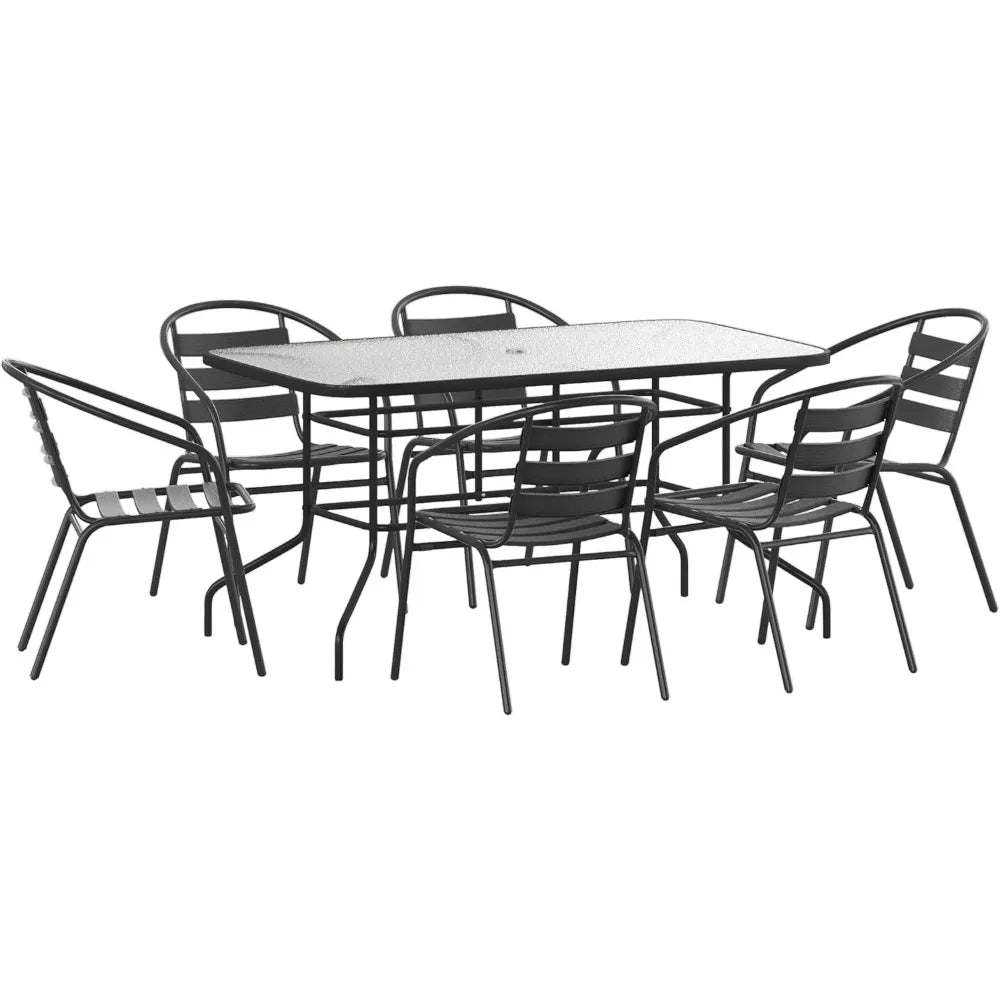 7-Piece Glass Patio Dining Set with Rectangular Table and Slat Back Chairs