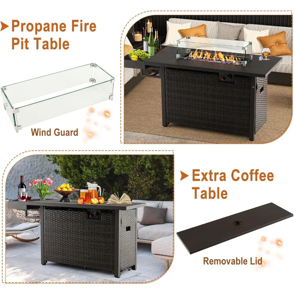 52 Inch Outdoor Propane Fire Pit Gas Table 50000 BTU Wicker Patio