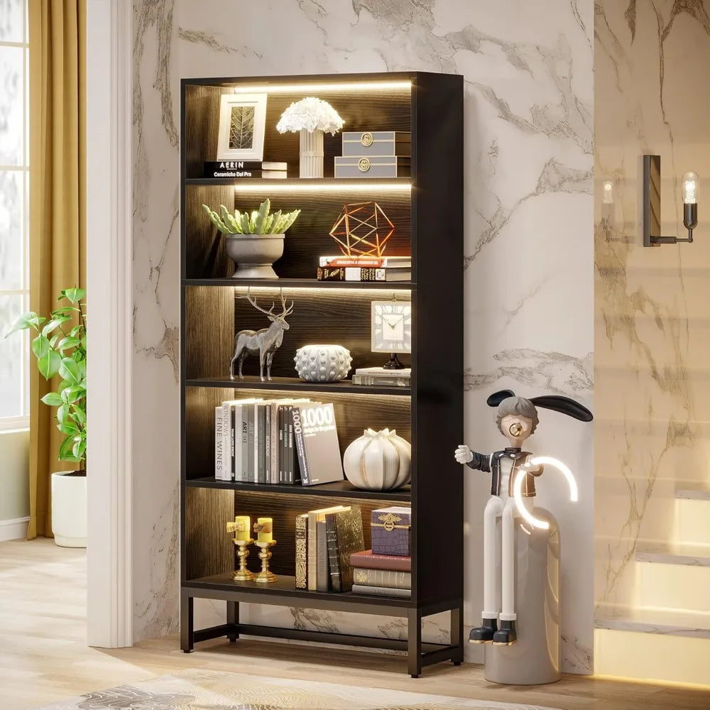 Tall Black Bookcase with LED Lights Heavy Duty Free-Standing Organizer