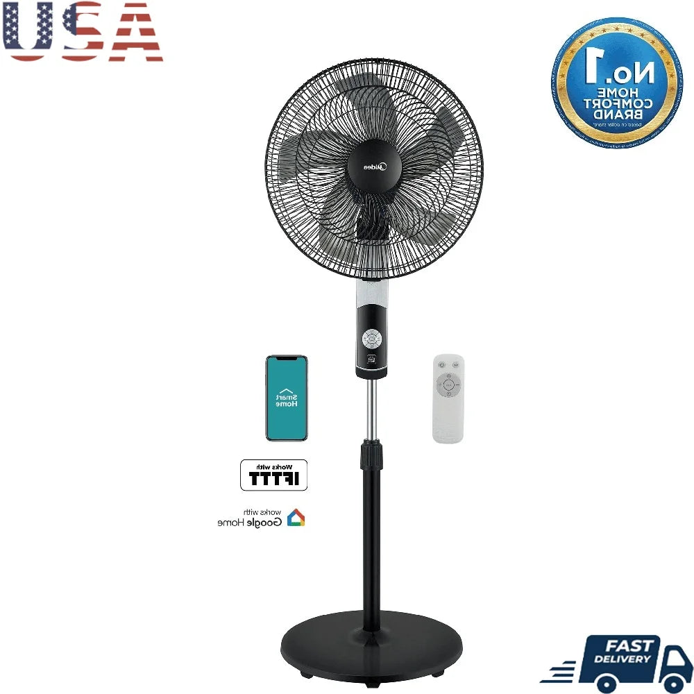 16 Inch Smart Pedestal Fan with 12 Speed Settings Wi-Fi Control Adjustable Height 12 Hour Timer Quiet Operation Remote Included