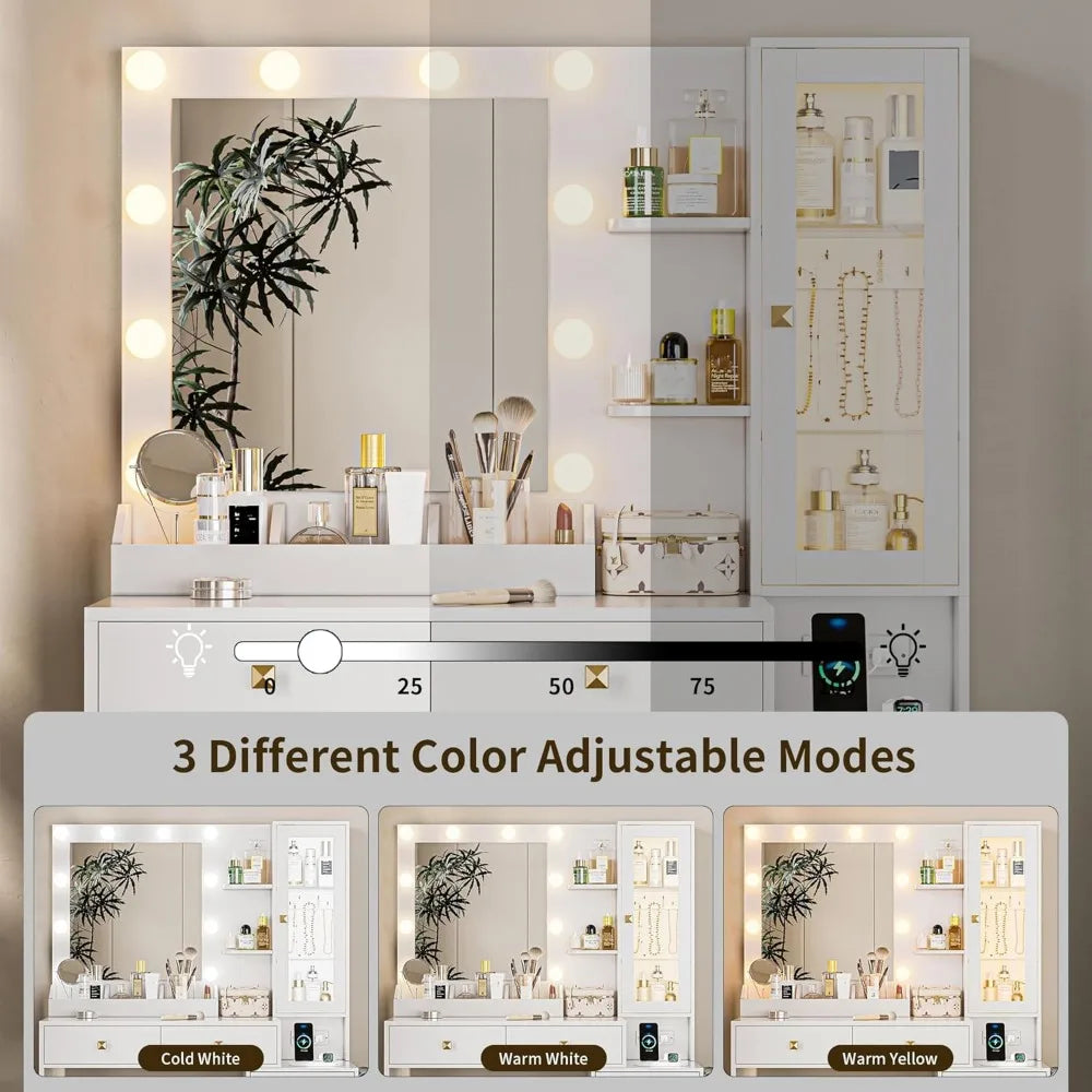 Vanity Desk with Mirror and RGB LED Lights 5 Drawers Jewelry Organizer
