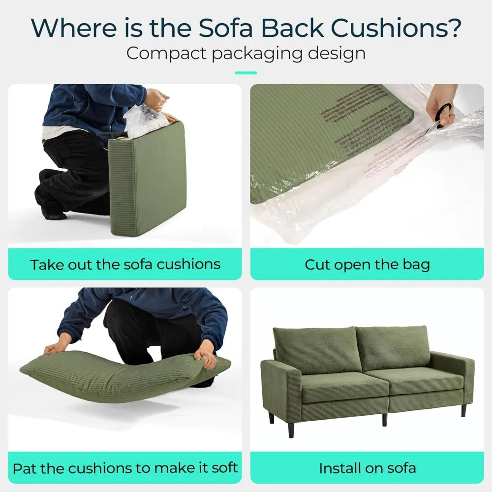 79" Corduroy Loveseat Sofa, Adjustable Seat Depth, Green Couch, Comfy 2–3 Seater