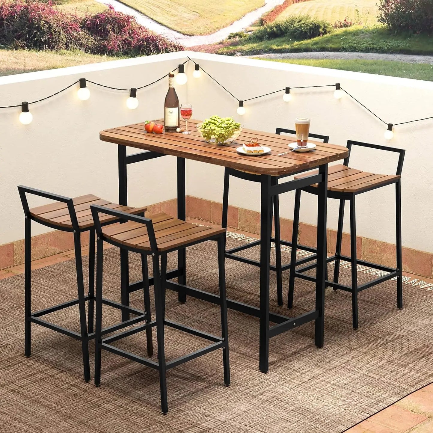 5 Piece Acacia Wood Outdoor Bar Table Set for Deck Garden Poolside