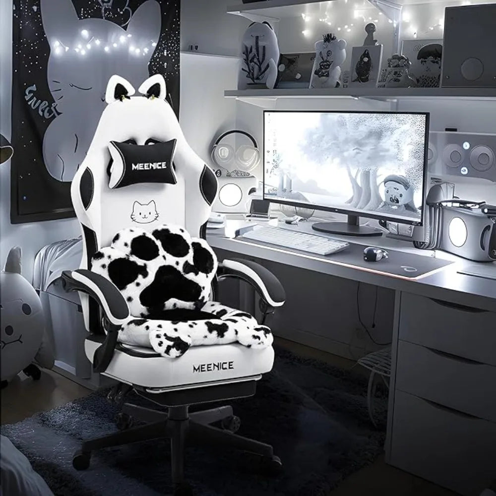 Cute Gaming Chair with Cat Ears Lumbar Cushion Ergonomic Footrest Reclining