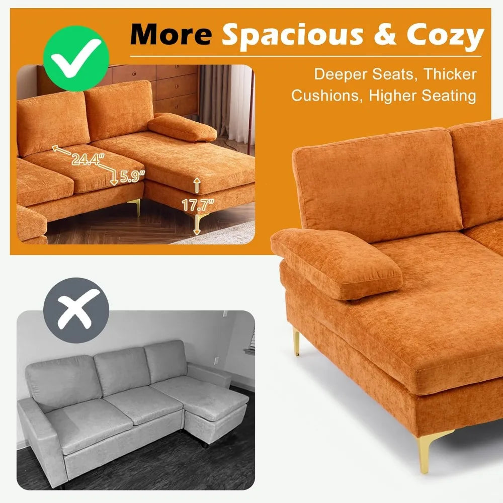 Ljustra Modern U-Shape Couch, 4-Seat Chenille Sectional Sofa, Burnt Orange, 110"