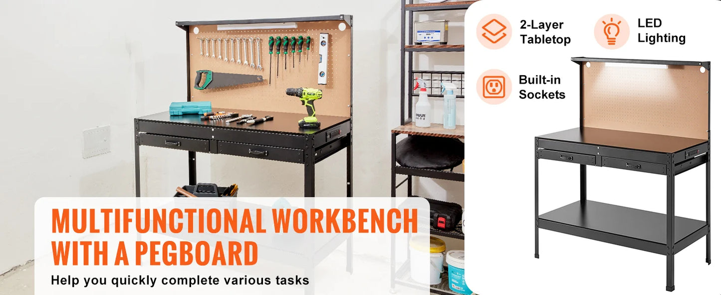 Ljustra 220lbs Workbench A3 Steel Garage Work Bench with USB Ports Hooks