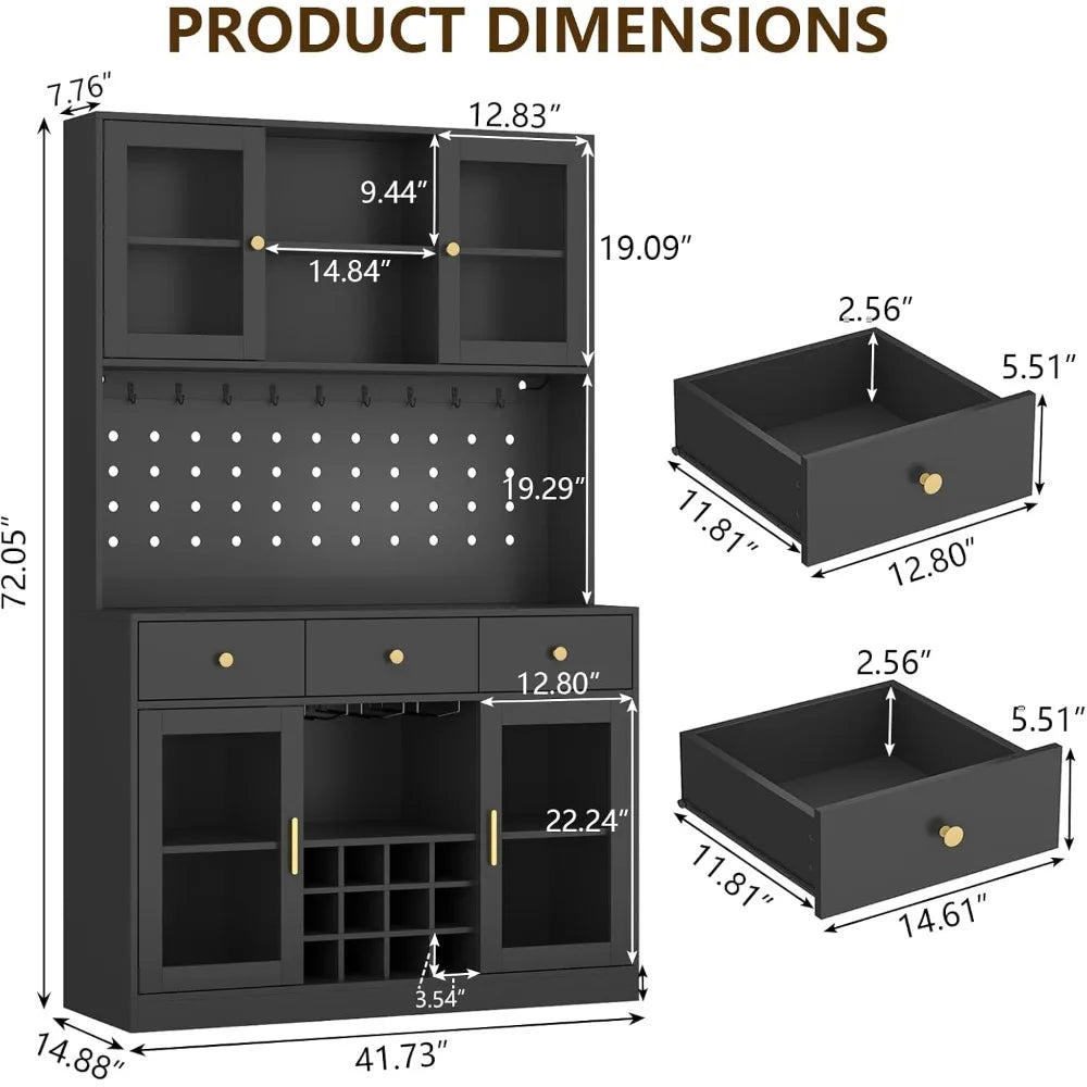 72 Inch Tall Wine Bar Cabinet with Storage Hutch and LED Lighting