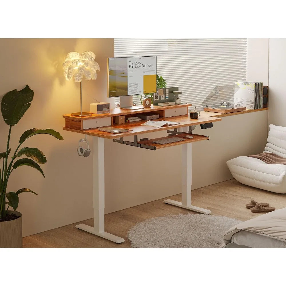 Adjustable Standing Desk with Drawers Keyboard Tray Storage Shelf