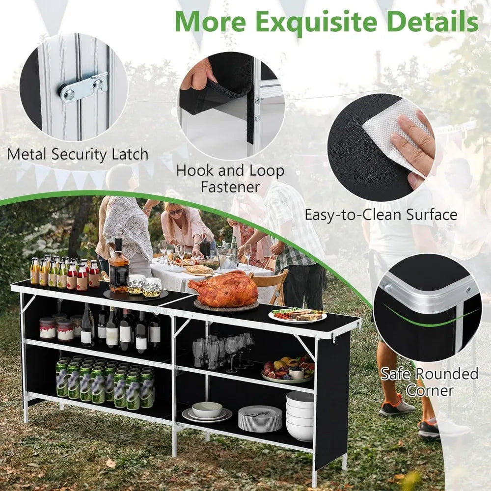 81 Inch Extra Long Portable Bar Table with Storage Shelves Folding Station