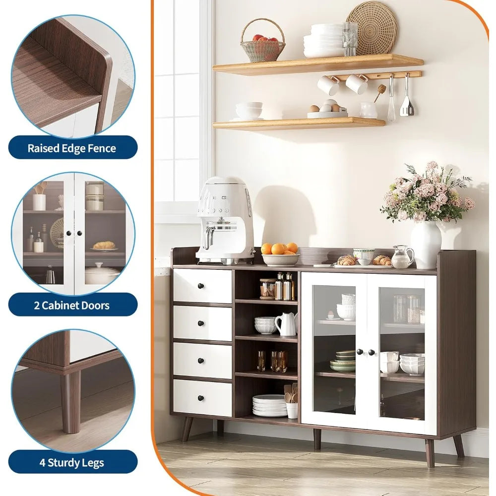 Farmhouse Buffet Cabinet with Glass Doors 4 Drawers Adjustable Shelf
