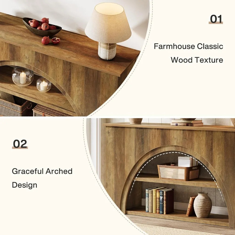 61 Inch Farmhouse Wooden Entryway Table 3 Tier Console Sofa Table