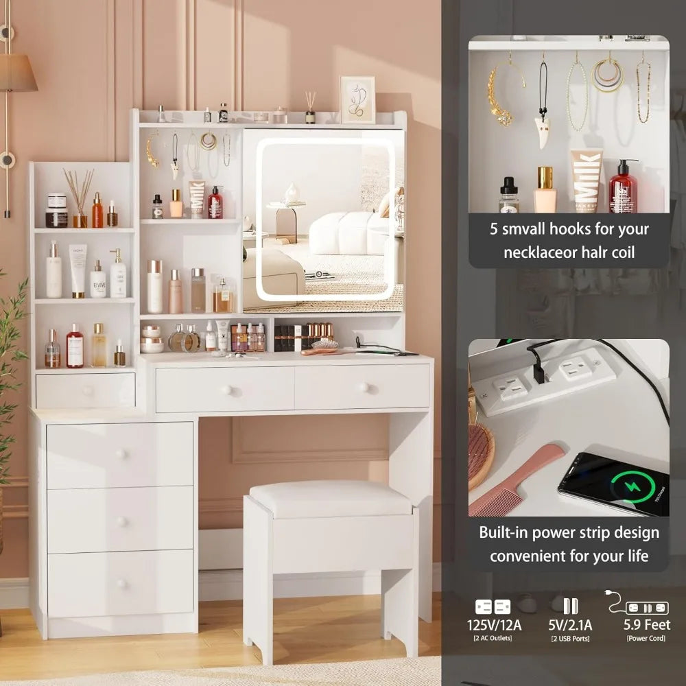 Vanity Makeup Mirror Desk with Stool Charging Station LED Lighted Storage
