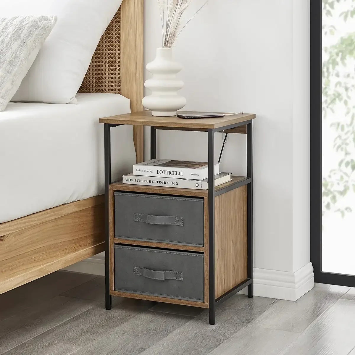 2-Drawers Nightstand with USB Port Modern Fabric Storage Black