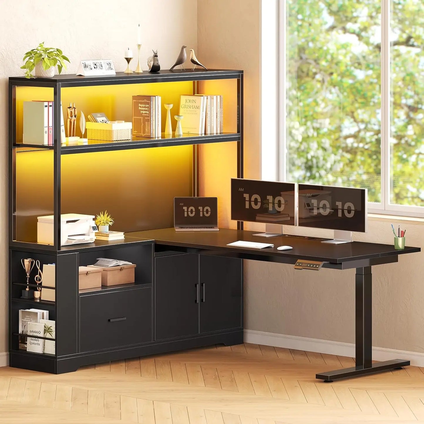 L Shaped Standing Desk Adjustable Height Corner Office Gaming Desk with Drawers