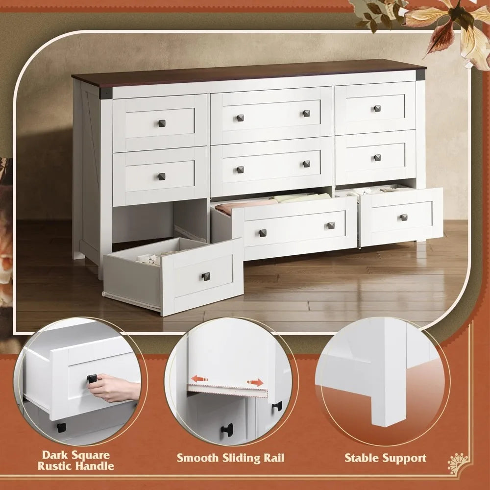 Farmhouse 9 Drawer Dresser Storage Organizer for Bedroom and TV Stand