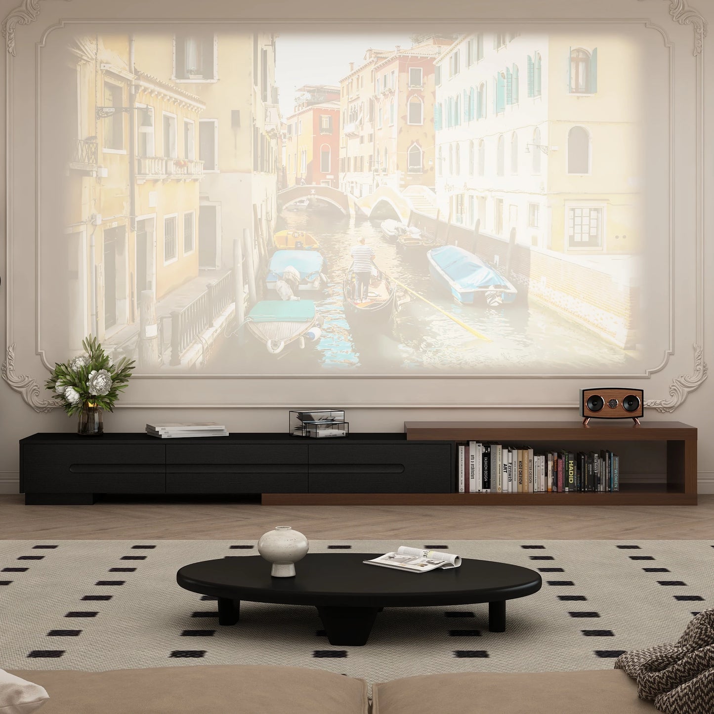 Extendable TV Stand for 120" TV Modern Wood Console with Drawers