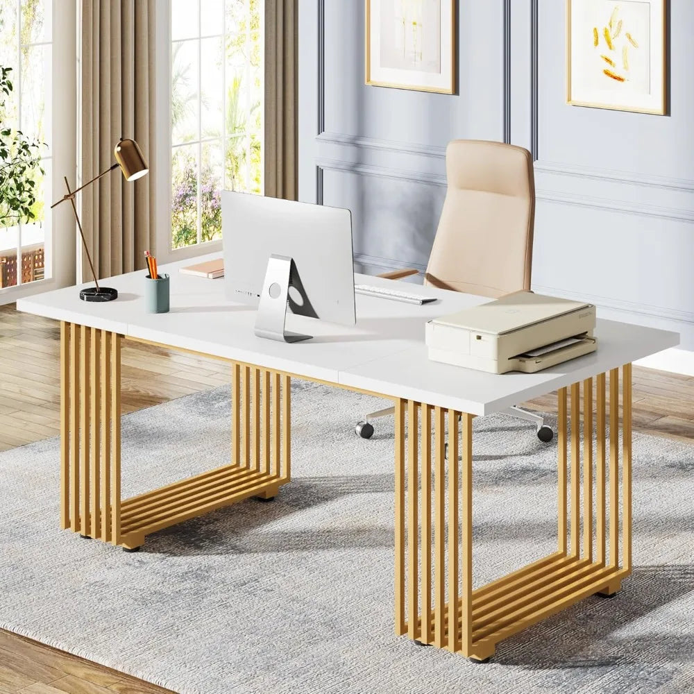 Ljustra 70.9" Modern Office Desk Wooden Computer Desk Gold Legs Workstation
