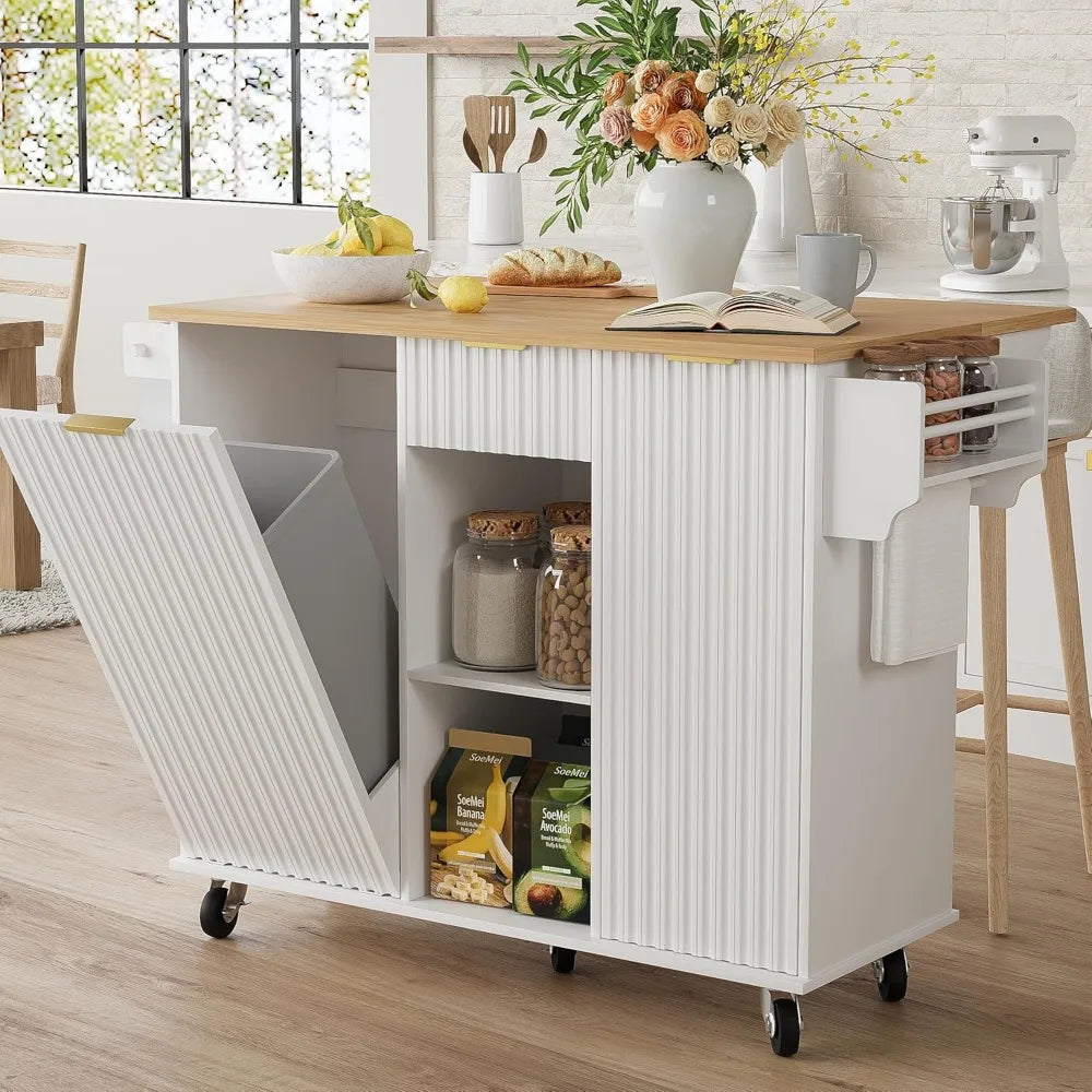 Rolling Kitchen Island with Trash Can Storage and Drop Leaf Design