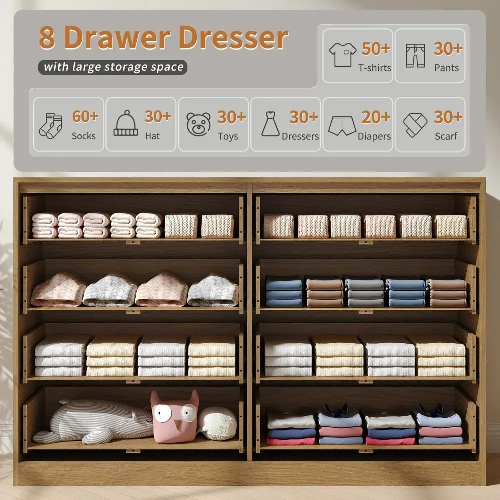 Dresser with 8 Drawers 55 Inch Wooden Mid Century Chest of Drawers