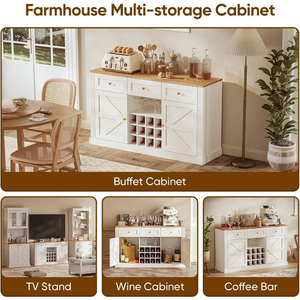 Farmhouse Wine Bar Cabinet with Wine Rack and Glass Holder 54 Inches