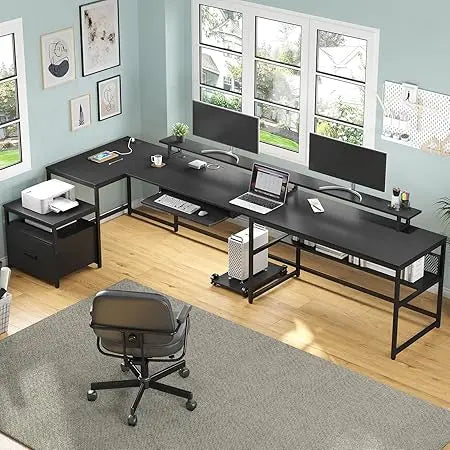 Reversible U Shaped Desk with File Drawer and Power Outlet for Home Office