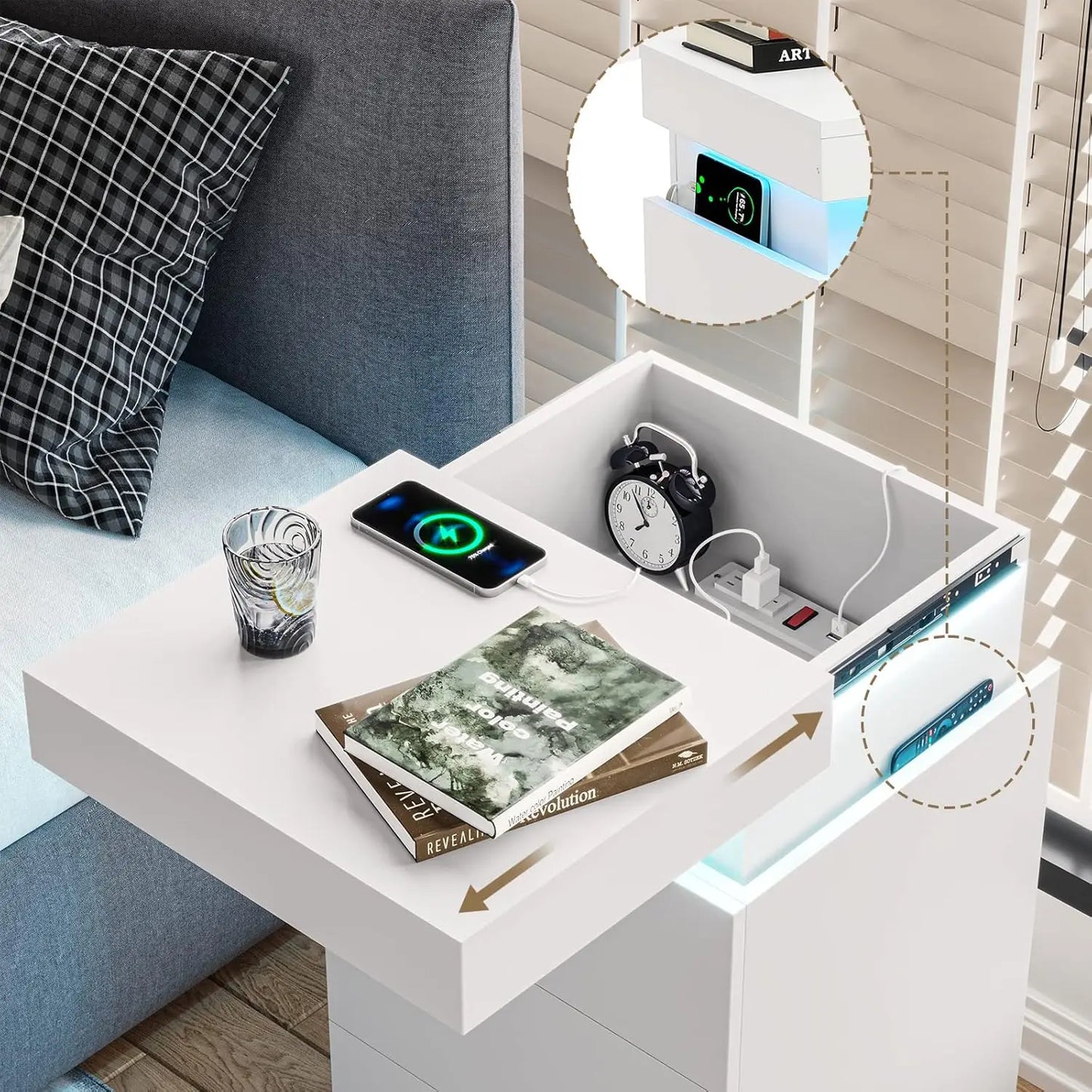 Nightstand with Charging Station LED Lights Modern Sliding Drawer