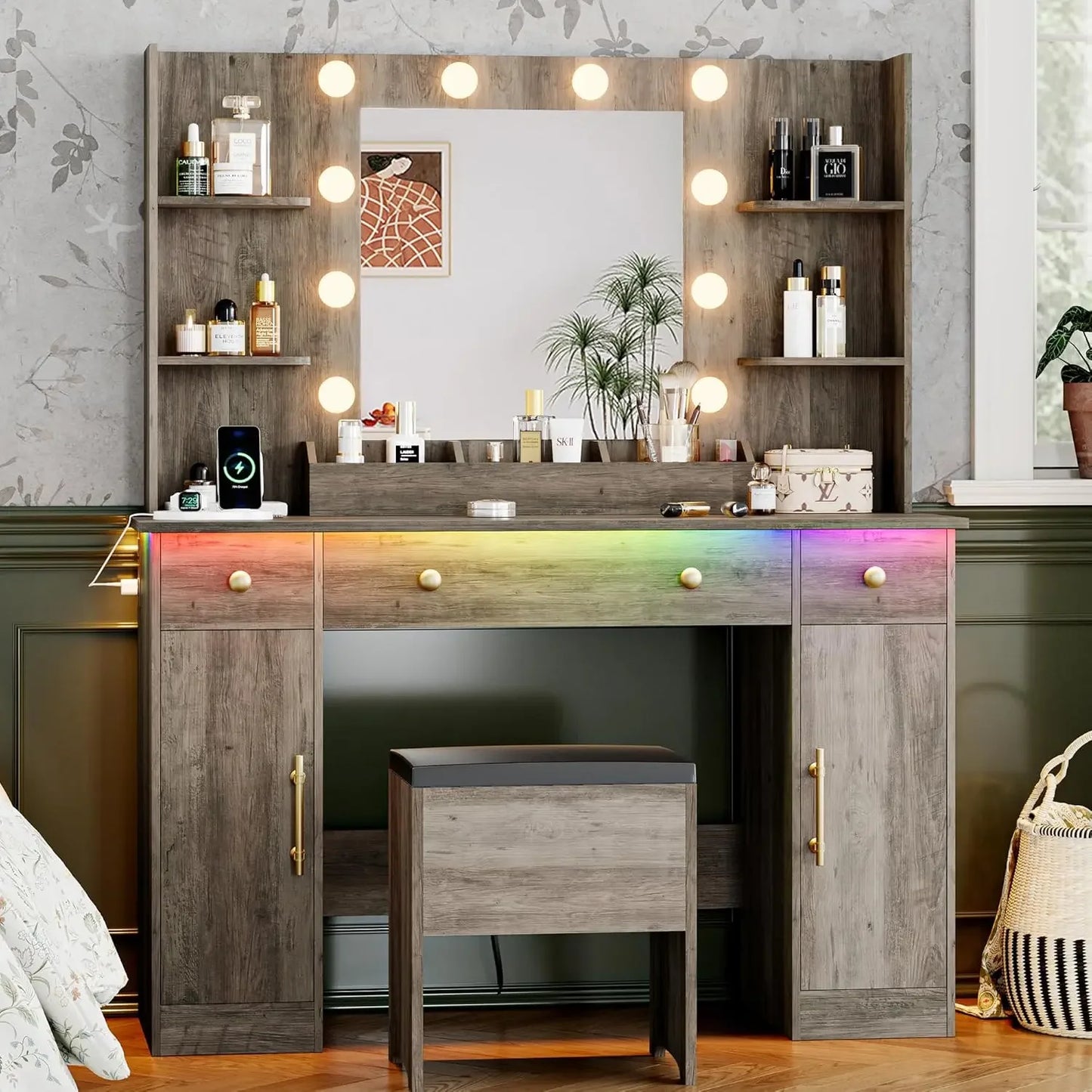 Vanity Desk with Mirror and Lights 43 Inch Makeup Table with Chair