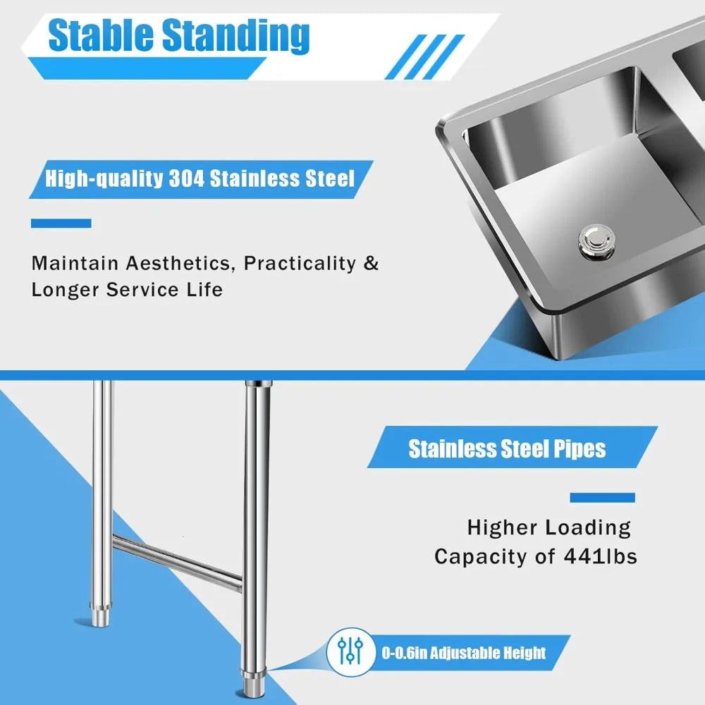 3 Compartment Stainless Steel Utility Sink with Hot Cold Faucets