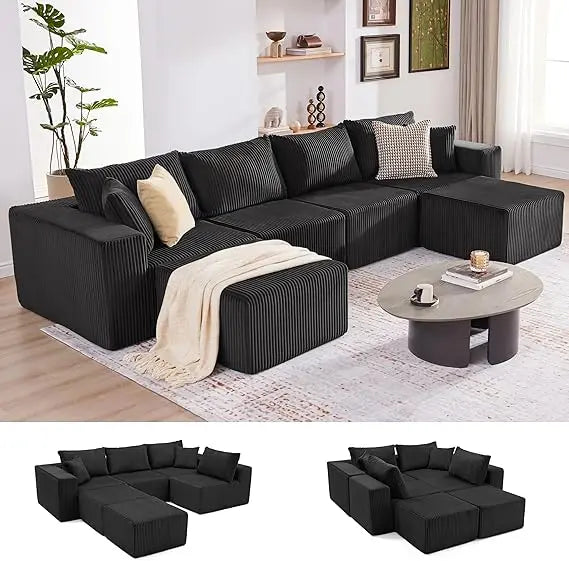 135.4" Modular U-Shaped Sofa Cloud Couch Deep Seat Corduroy Sectional
