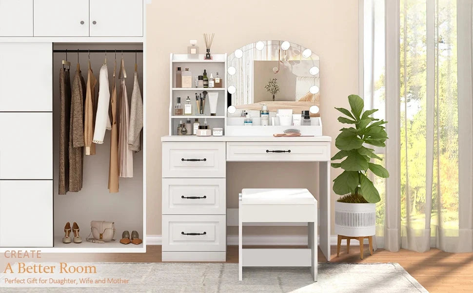 Makeup Vanity Desk with Lights and Drawers Large Storage White Set