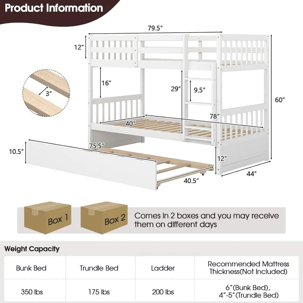 Twin Over Twin Bunk Bed with Trundle Solid Wood Convertible Frame
