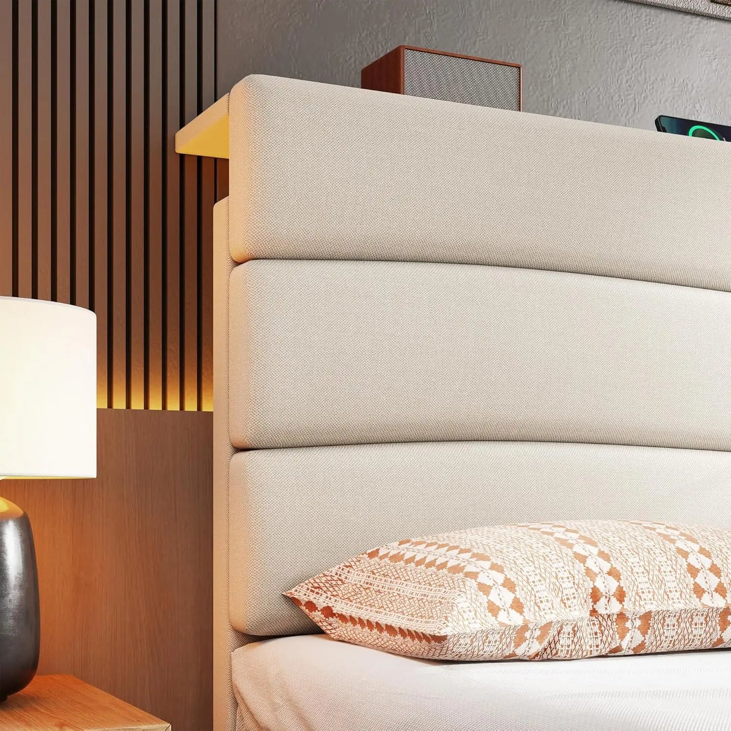 Queen Bed Frame Upholstered Headboard Storage Charging Station Easy Assembly