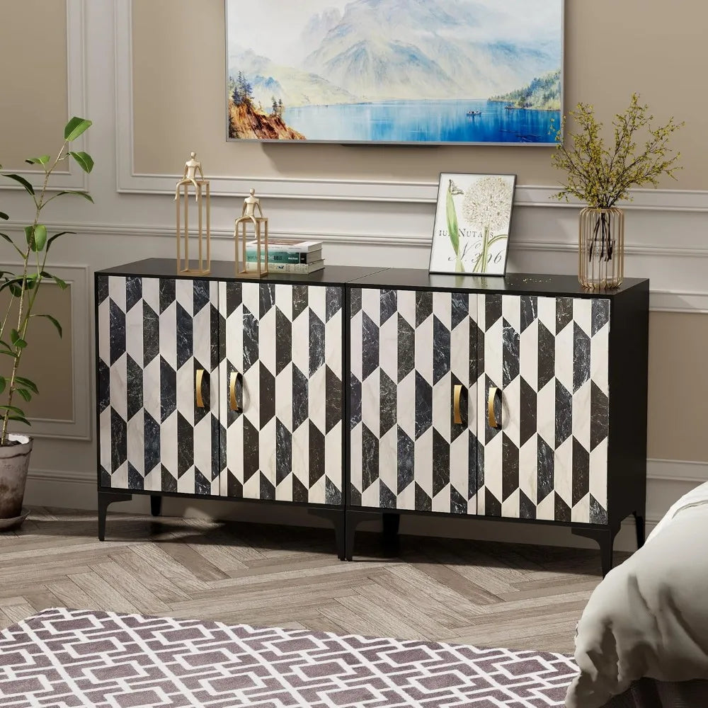 Black Sideboard Buffet Storage Cabinet with Faux Marble Doors 2 Packs