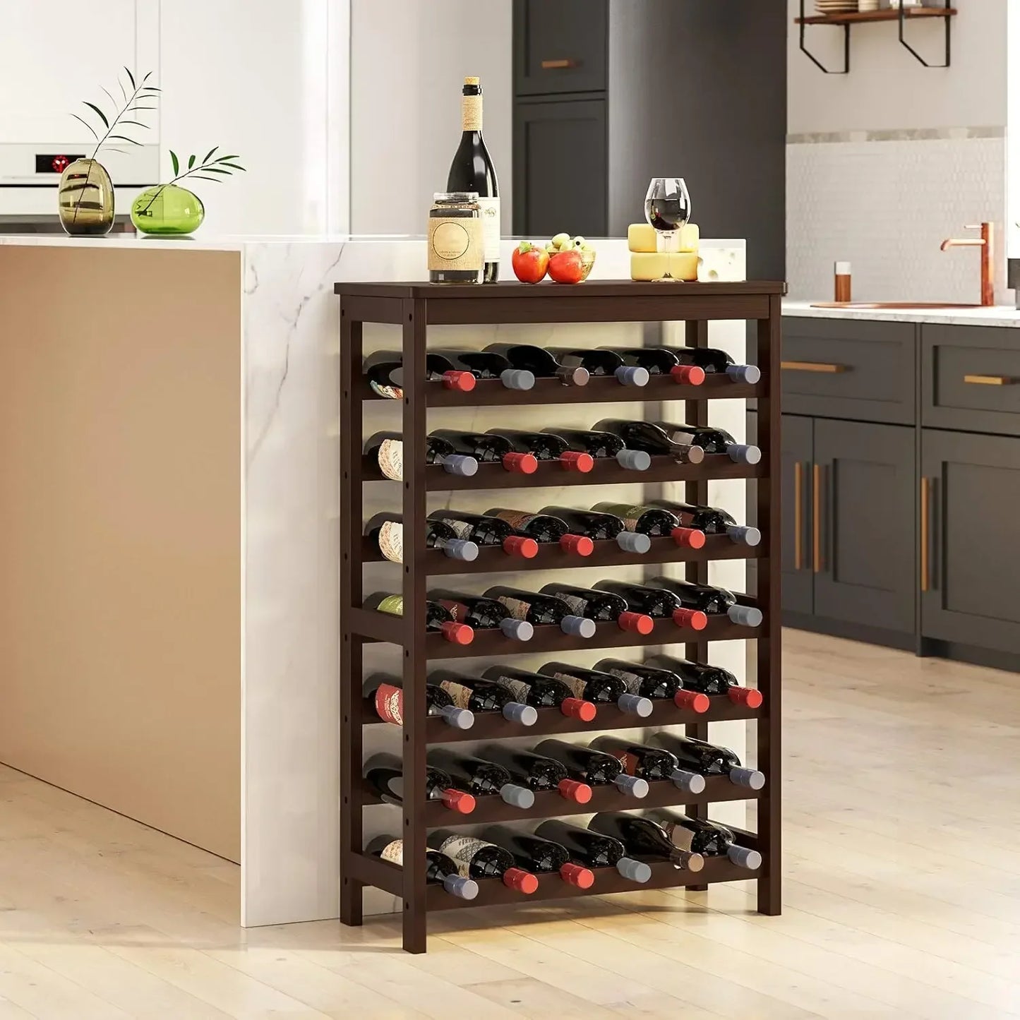 42 Bottle Wine Rack Free Standing 7 Tier Bamboo Storage Shelves