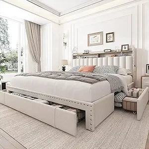 Ljustra Upholstered Queen Bed Frame with 3 Storage Drawers Strong Support
