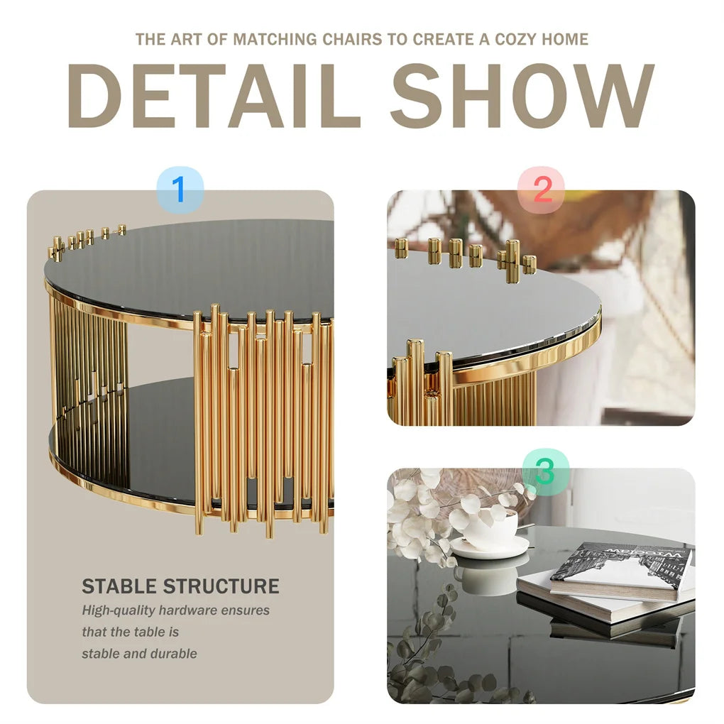 Modern Minimalist Stainless Steel Circular Coffee Table Black Glass