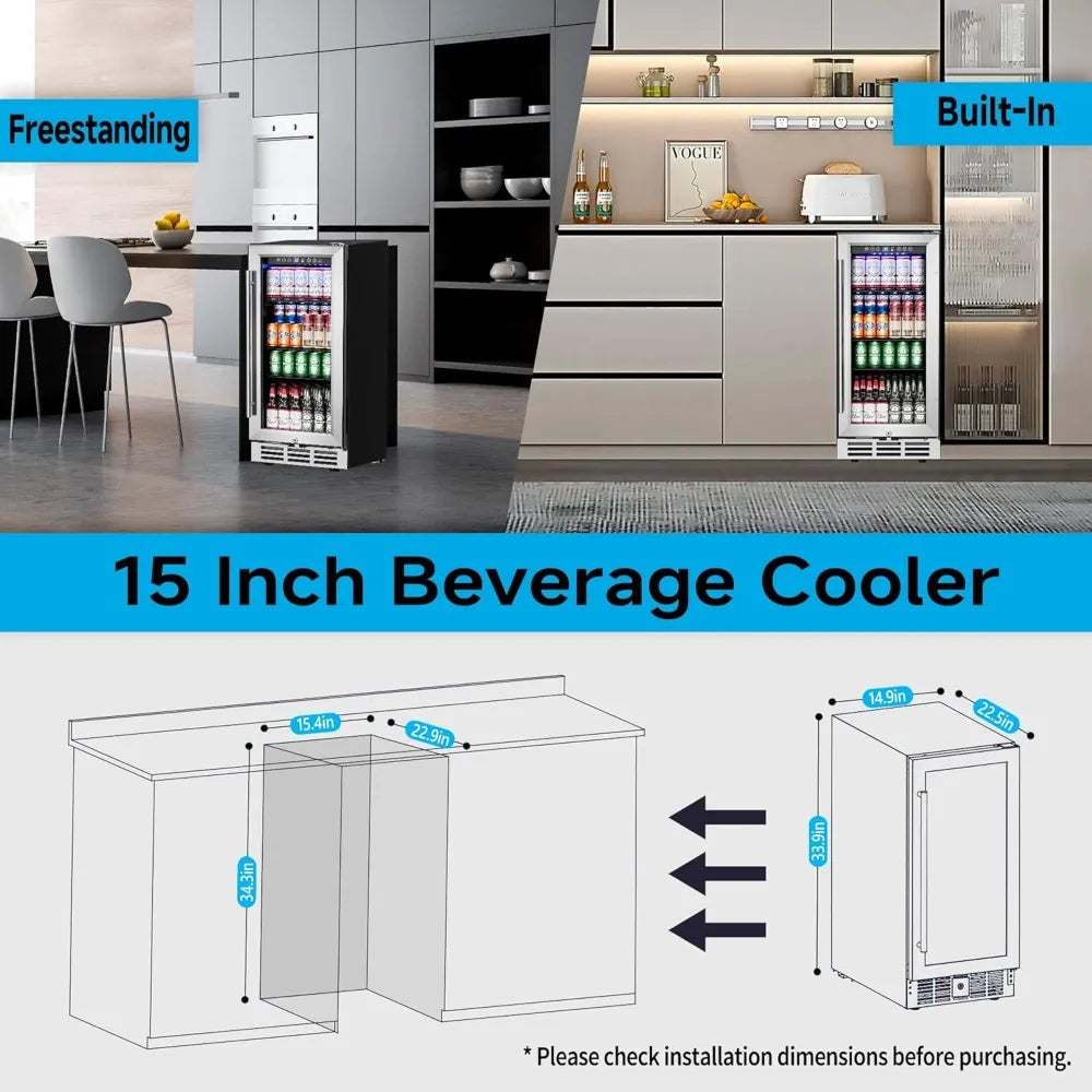 15 Inch Beverage Refrigerator Under Counter 126 Cans Built-in Fridge