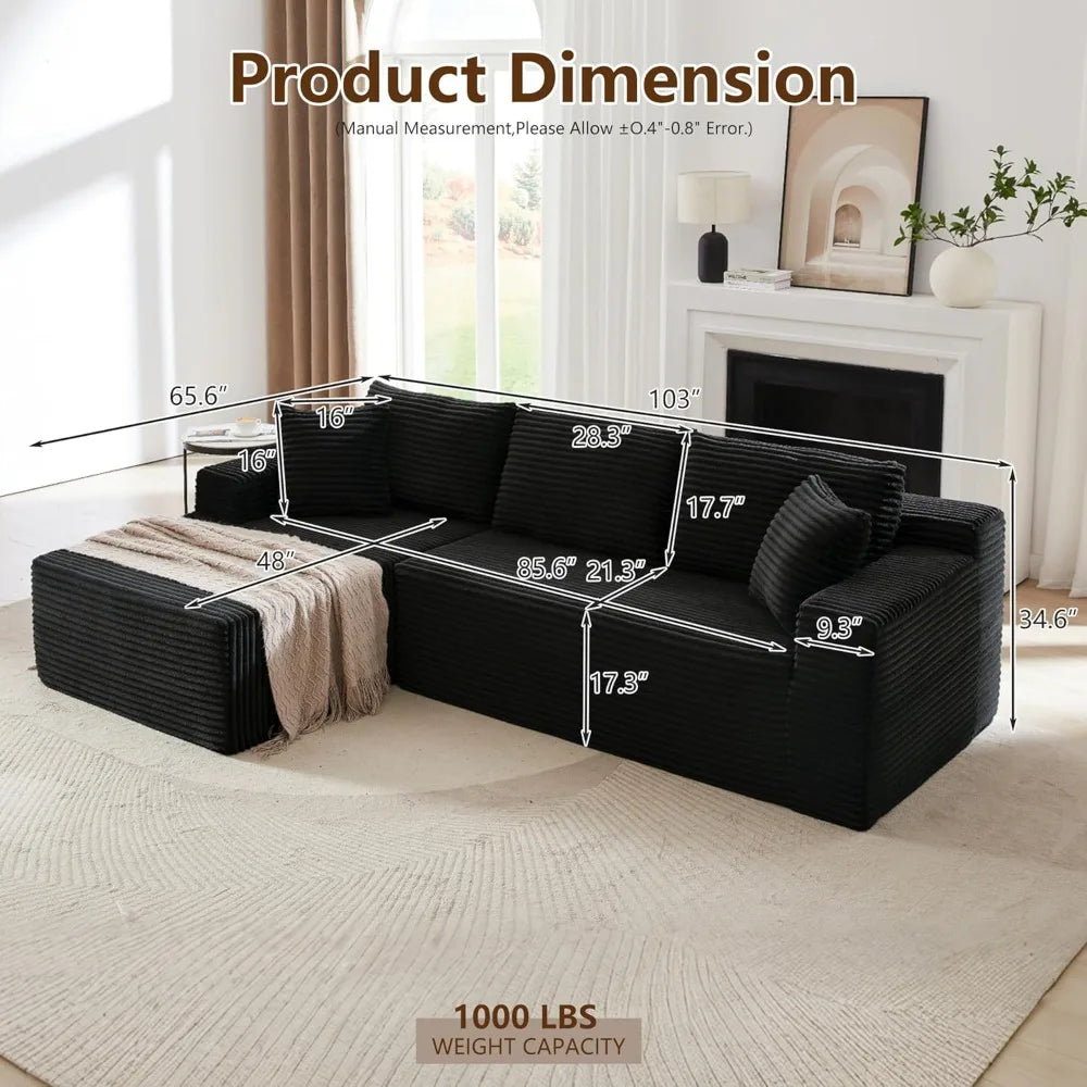 Black Corduroy Modular Sectional Couch Fluffy Cloud Living Room Sofa